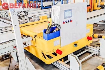 Customized Material Handling Solution For A 1Ton Automated Guided Rail Transfer Cart With Roller Conveyor